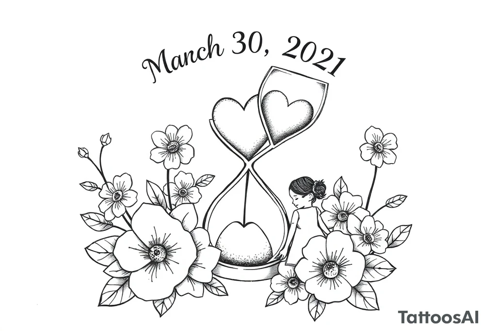 March 30, 2021, flowers, 4:30 am, mom and daughter, love, sand clock, hearts, baby girl, infinity love tattoo idea