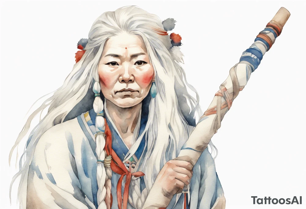 a solitary Sami woman with long white hair holding onto a white staff tattoo idea