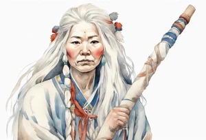 a solitary Sami woman with long white hair holding onto a white staff tattoo idea
