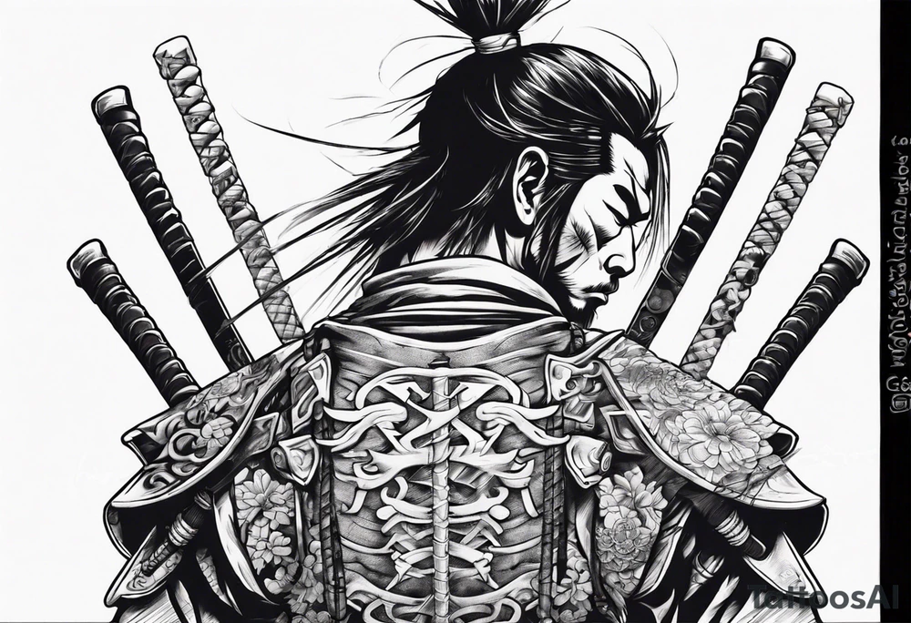 Samurai standing with his back among swords tattoo idea