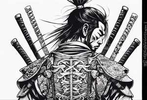 Samurai standing with his back among swords tattoo idea