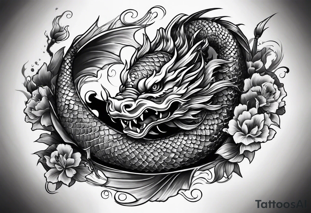 Dark skull and dragon  koi fish tattoo idea