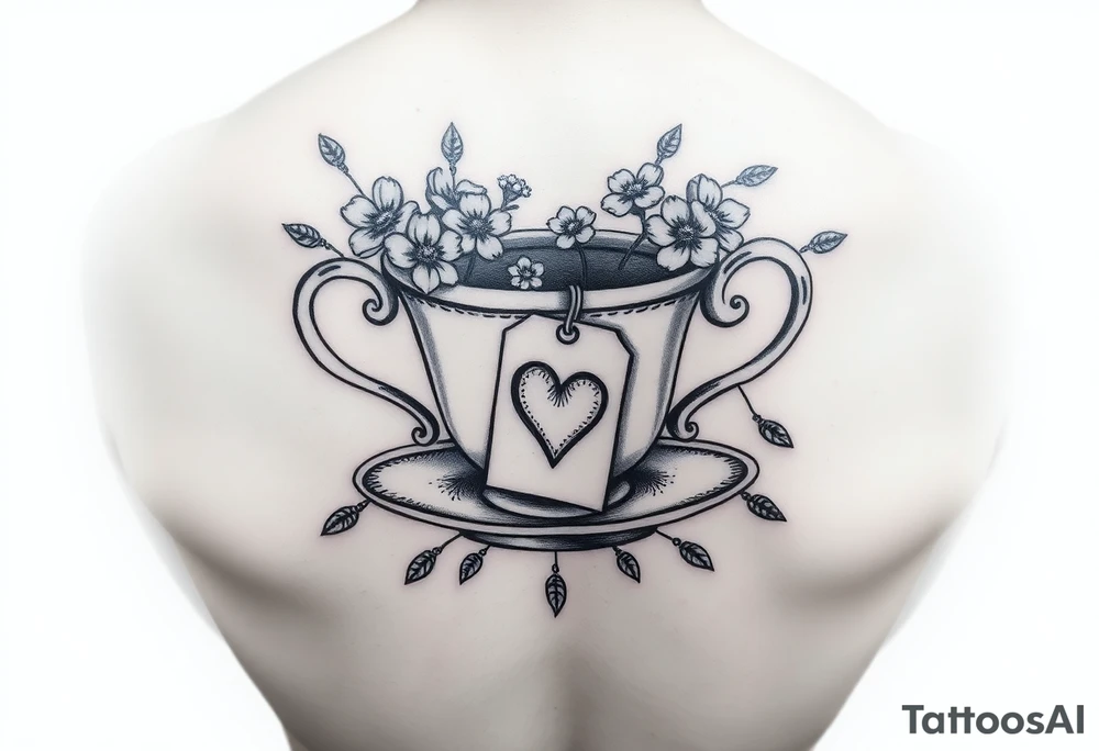 Vintage tea cup with small flowers and a small love heart on the tea bag tag tattoo idea