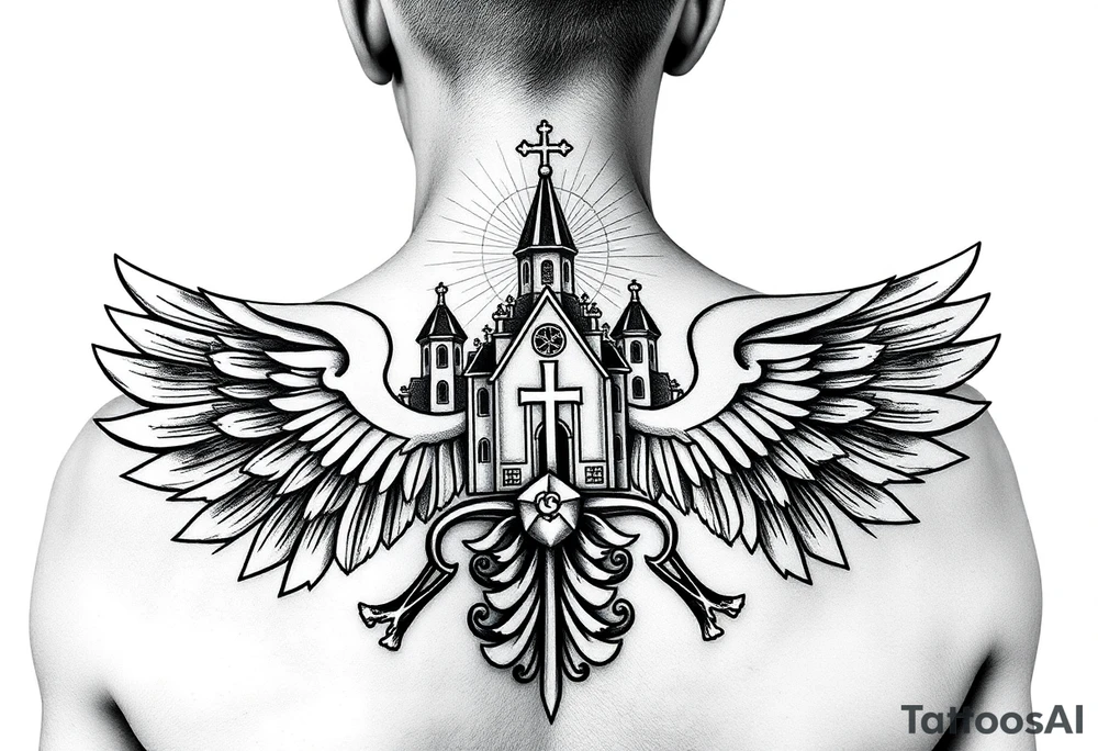 russian coat of arms with both heads visible & wings spanning out on my back neck across on to my shoulders with an orthodox christian church being visible in a mountainous sun beaming setting, with the russian orthodox cross spire of the orthodox church being visible on my neck with a sun beaming in the background that the cross sits inside tattoo idea