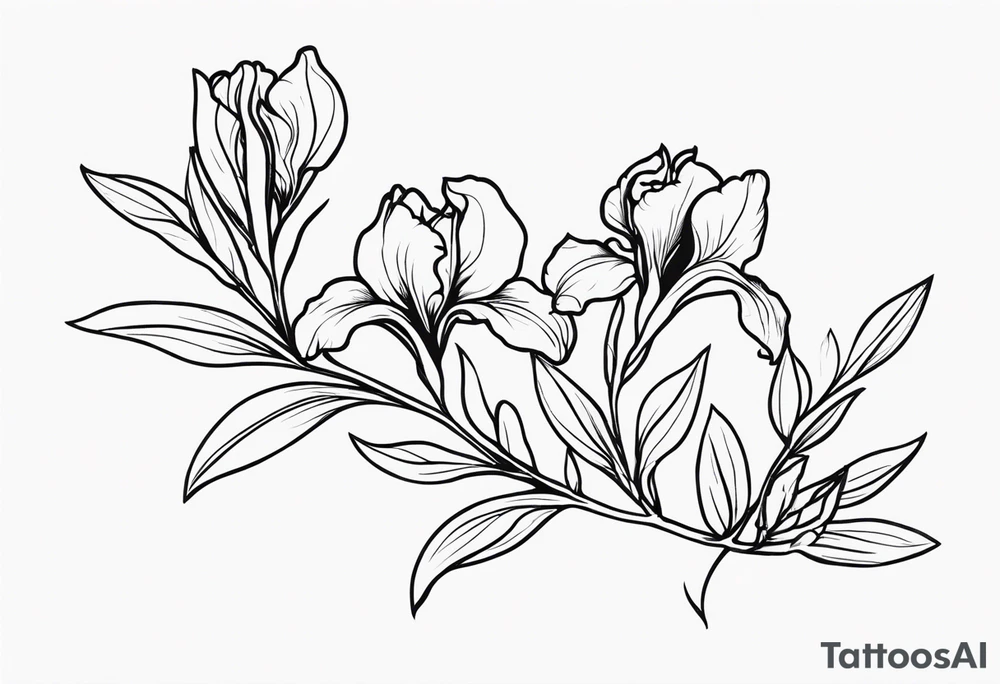 Laurel branch with iris flowers tattoo idea