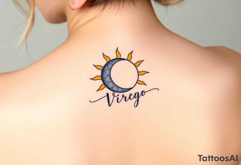 A sun and moon intertwined with delicate the word Virgo, blending gold, soft yellow, and midnight blue tones tattoo idea