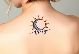 A sun and moon intertwined with delicate the word Virgo, blending gold, soft yellow, and midnight blue tones tattoo idea
