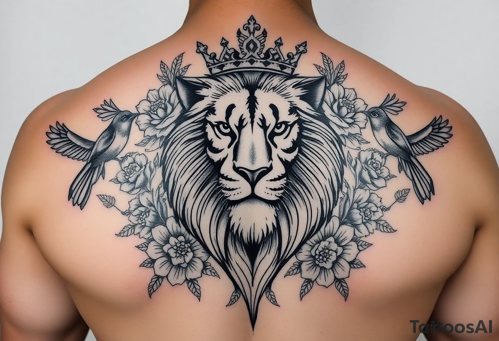 powerful majestic lion with a crown, surrounded by floral ornaments and birds tattoo idea