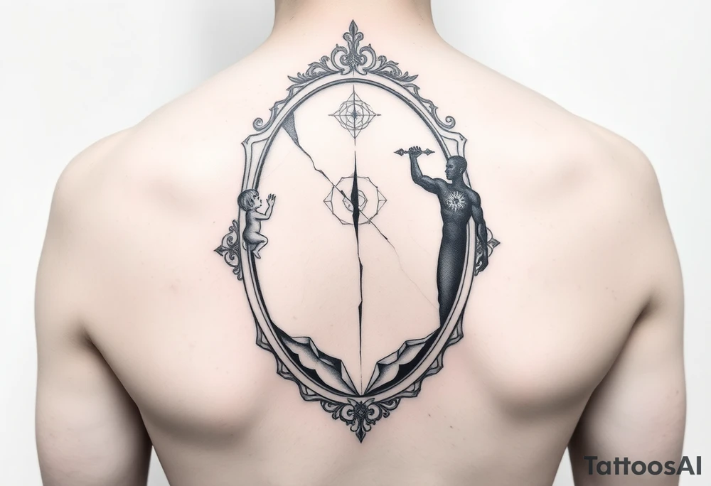 Abstract geometric mirror tattoo design, broken/cracked ornate mirror frame, dual reflection showing silhouette of small child reaching upward on one side and strong adult figure on opposite side, black and grey, geometric fragments, sacred geometry elements, upper arm placement, vertical composition, minimalist line work with detailed shading, emotional duality theme tattoo idea