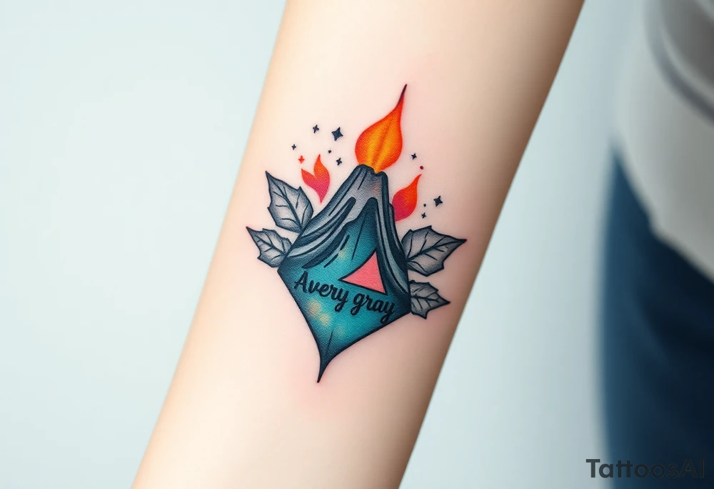 Female Geometric Volcano tattoo erupting in a heart with text Avery Gray. Maple leaf incorporated tattoo idea