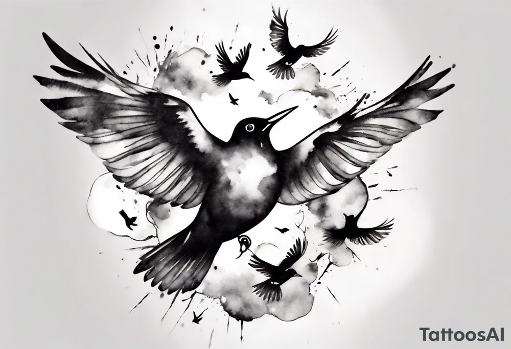 shoulder tattoo with light rays with birds flying free among the clouds, round shape, 3d effect tattoo idea