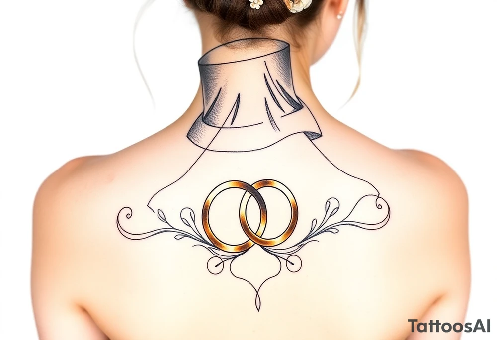 top hat and veil with two golden wedding rings tattoo idea