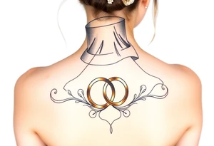 top hat and veil with two golden wedding rings tattoo idea