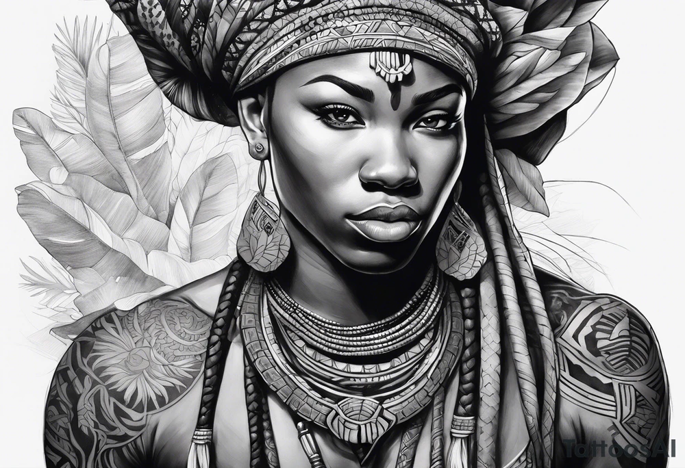 guerreiro africano realista em preto e cinza com tons de azul
 no fudo de savana tattoo idea