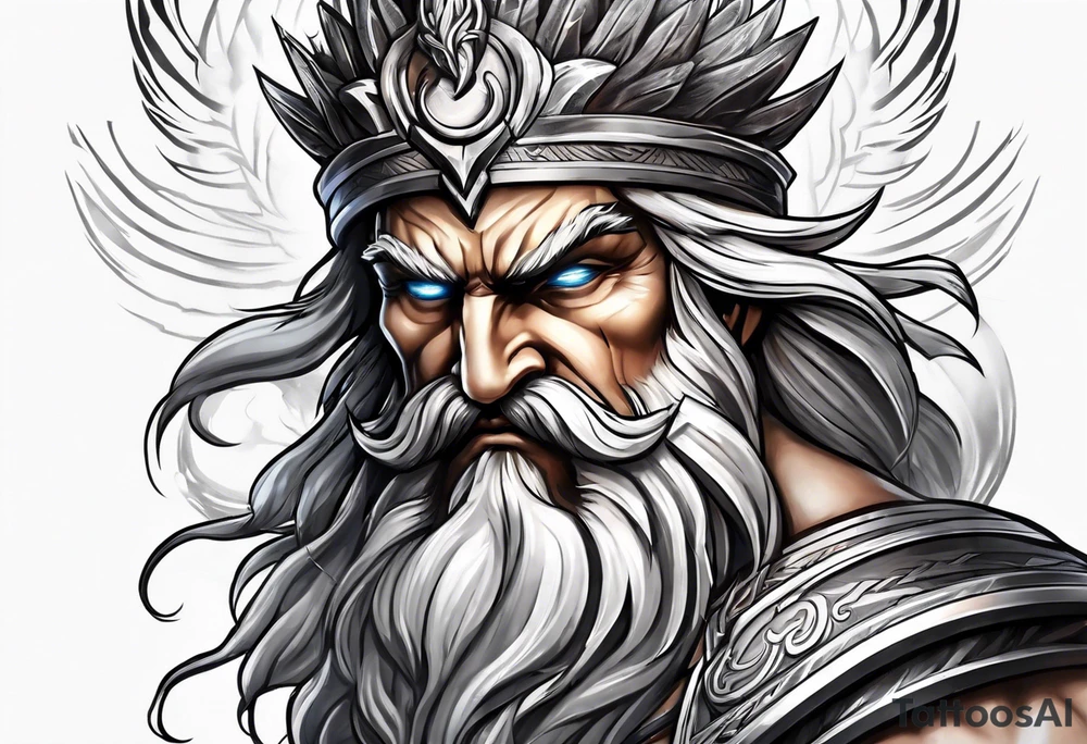 Zeus tattoo with lighting eyes, angry and holding lighting bolts tattoo idea