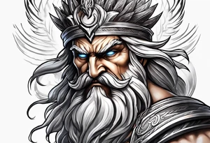 Zeus tattoo with lighting eyes, angry and holding lighting bolts tattoo idea