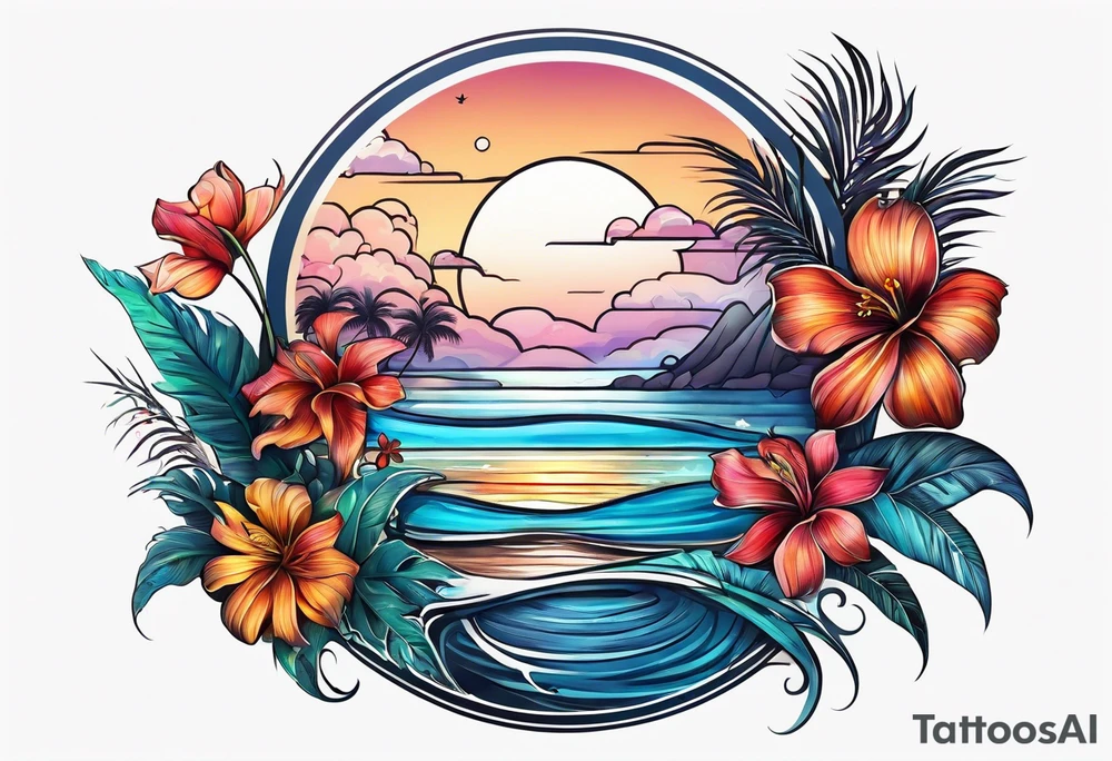 sea,, night, flower, palm, tattoo idea