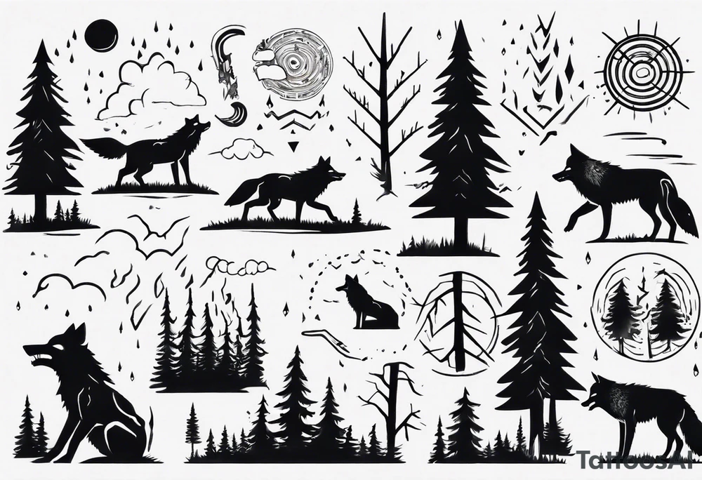 thunderstorm over a forest with a wolf howling on drums tattoo idea