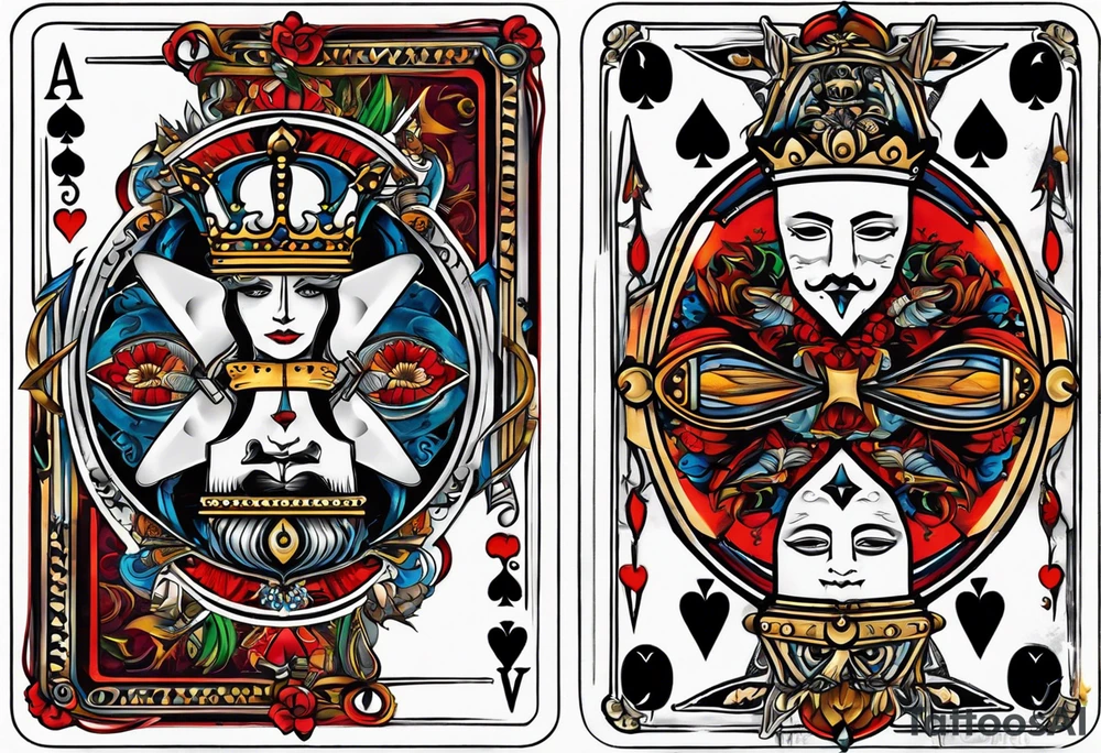 King, queen of spades cards with swords. Both cards together as a pair tattoo idea