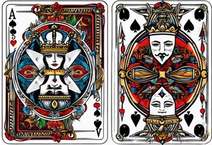 King, queen of spades cards with swords. Both cards together as a pair tattoo idea