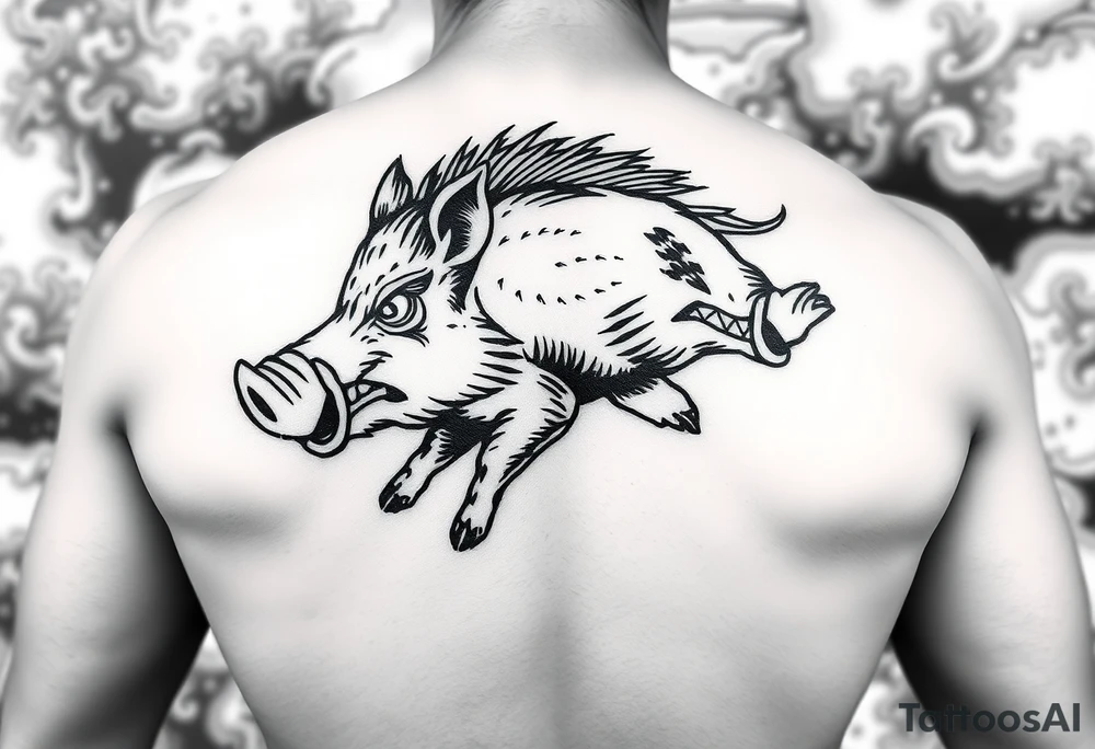 I want to design a back design for adults. The theme is wild boar. I want to put the wild boar of NCAA Arkansas into the style of Chinese neo-traditional culture. The background needs to have a feeling of clouds and smoke. Enlarge the main picture tattoo idea