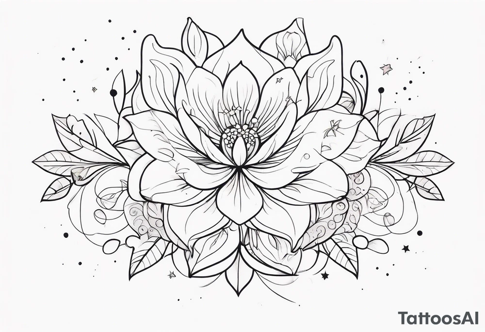 fine line floral with stars, swirls, dots tattoo idea