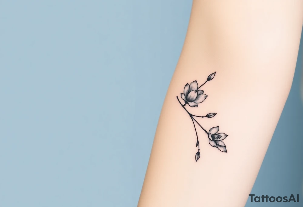 Long branch with magnolia flowers, in different blossom stages with botanical details, lines and dots tattoo idea
