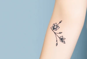 Long branch with magnolia flowers, in different blossom stages with botanical details, lines and dots tattoo idea
