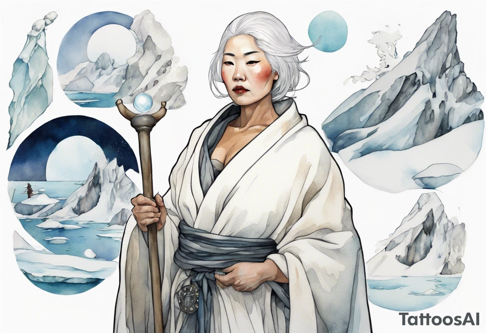 a 40 year old Inuit woman with white hair and a white robe holding a silver and white staff, standing on an iceberg tattoo idea