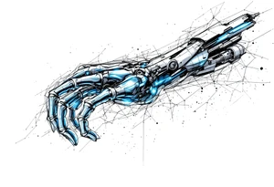 A transparent overlay effect showing the hand's inner mechanical structure, with shimmering metallic blue bones and joints. tattoo idea