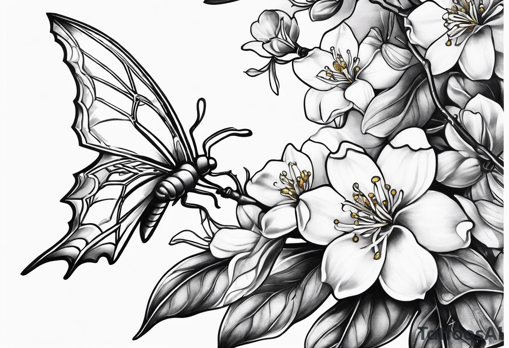 Shoulder and collarbone tattoo of a vibe of night-blooming Jasmine with a bat hanging from one of the stems tattoo idea