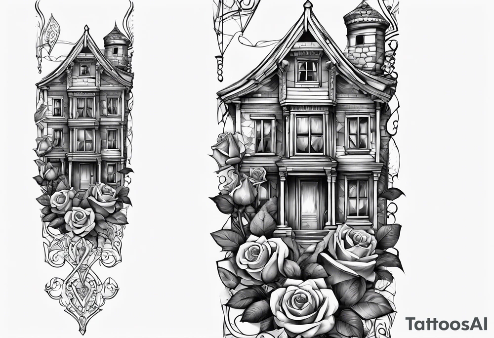 fool sleeve,, abandoned old gotic house, broken sword, roses, tattoo idea
