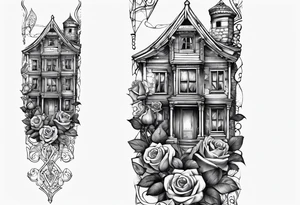 fool sleeve,, abandoned old gotic house, broken sword, roses, tattoo idea