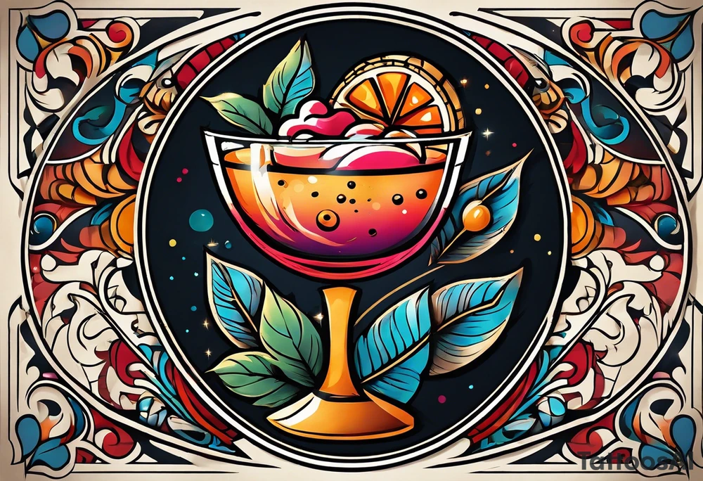 bold, colorful, simple design, cocktail, cookie, in a circle design, traditional american tattoo tattoo idea