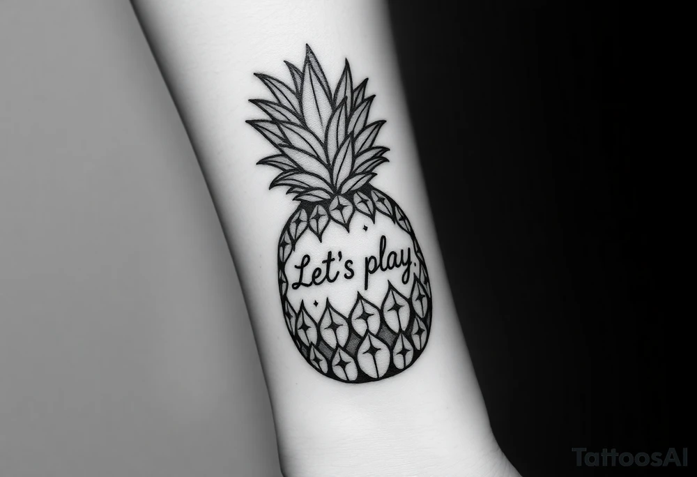 A black ink wrist tattoo featuring a realistic yet minimalistic pineapple. The pineapple is finely detailed with clean, precise lines, capturing the natural texture of the fruit while keeping the design subtle and uncluttered. Inside the body of the pineapple, the phrase "Let's play" is clearly placed in a bold but not overly thick font, ensuring readability while maintaining balance with the overall design. The leaves of the pineapple have a fine-line style with slight variations in thickness for a natural feel. The tattoo blends fine details with subtle bold elements, creating a clean and modern aesthetic. tattoo idea