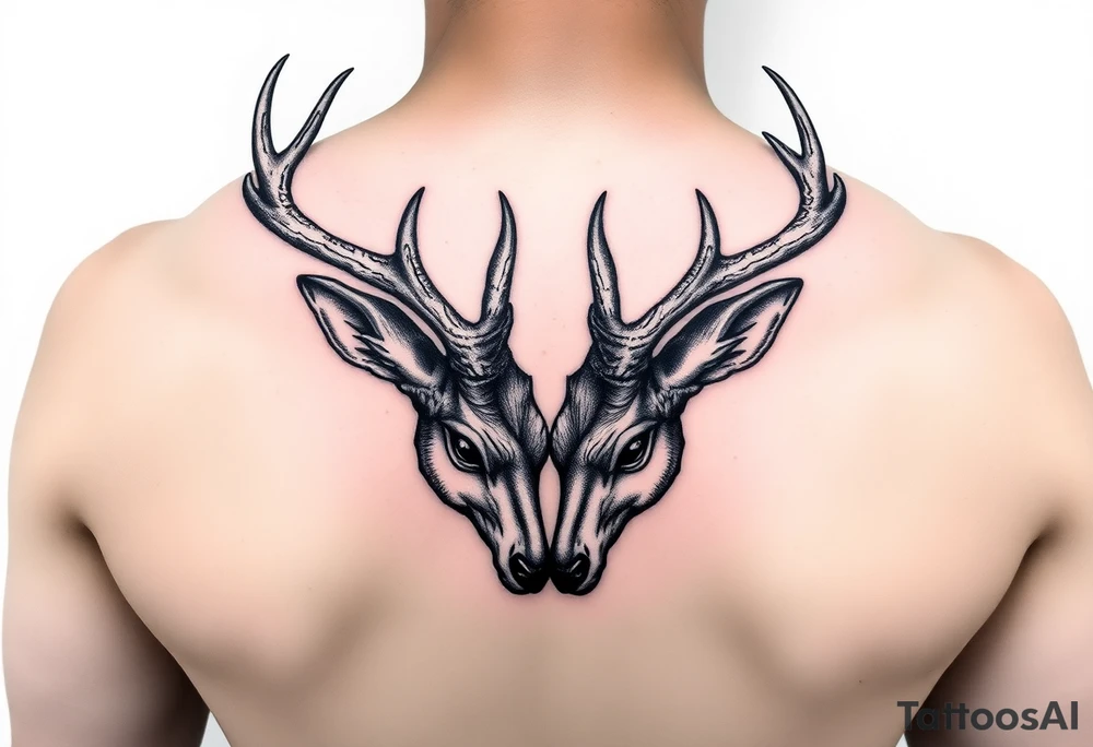 Two full body detailed deer heads down hitting horns to show dominance. tattoo idea