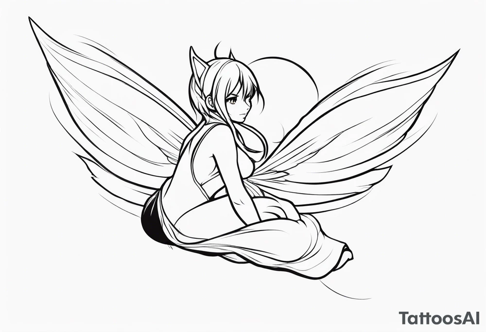 No color sketch of a fairy with a tail inspired by the guild symbol in the anime show called Fairy Tail in a fetal position leaning forward while crawled in and her body is an angle while floating in the air with big wings tattoo idea