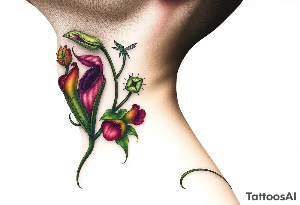 carnivorous plants neck, chest, back, and arm sleeves
I want these spots covered in these plants, ranging from venus fly traps to others tattoo idea