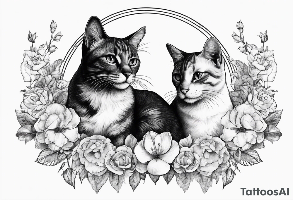 2 cats in laid crescent moon with flowers and paw prints tattoo idea