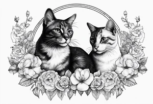 2 cats in laid crescent moon with flowers and paw prints tattoo idea