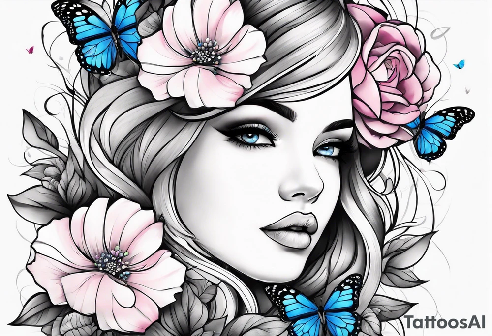 Female arm sleeve with pink, white, and blue flowers and butterflies tattoo idea