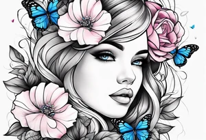 Female arm sleeve with pink, white, and blue flowers and butterflies tattoo idea