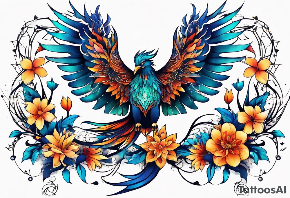 Constellation, animal phoenix , snow , géométric , flower tattoo idea