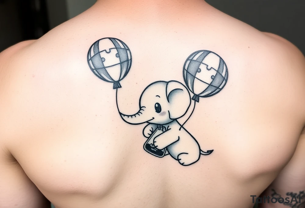 Baby elephant next to hour glass holding autism balloon tattoo idea