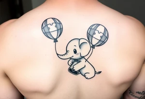 Baby elephant next to hour glass holding autism balloon tattoo idea