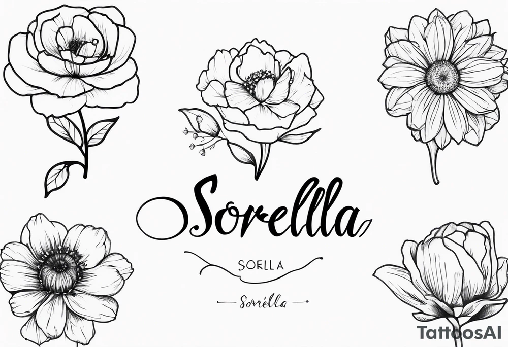sister tattoo with october and september birth flowers with the word sorella a straight line tattoo idea