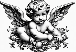 one putti with wings smiling vertical tattoo idea