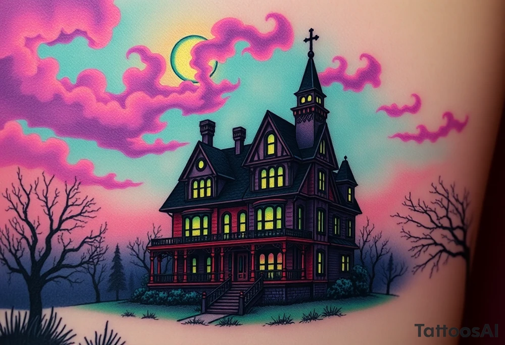 Tim Burton’s haunted victorian home is abandoned and dripping with muted reds, dusty pinks, and eerie green glow.purple and cyan smokey clouds swirl in the crescent moonlit sky thats sprinkled with stars tattoo idea tattoo idea