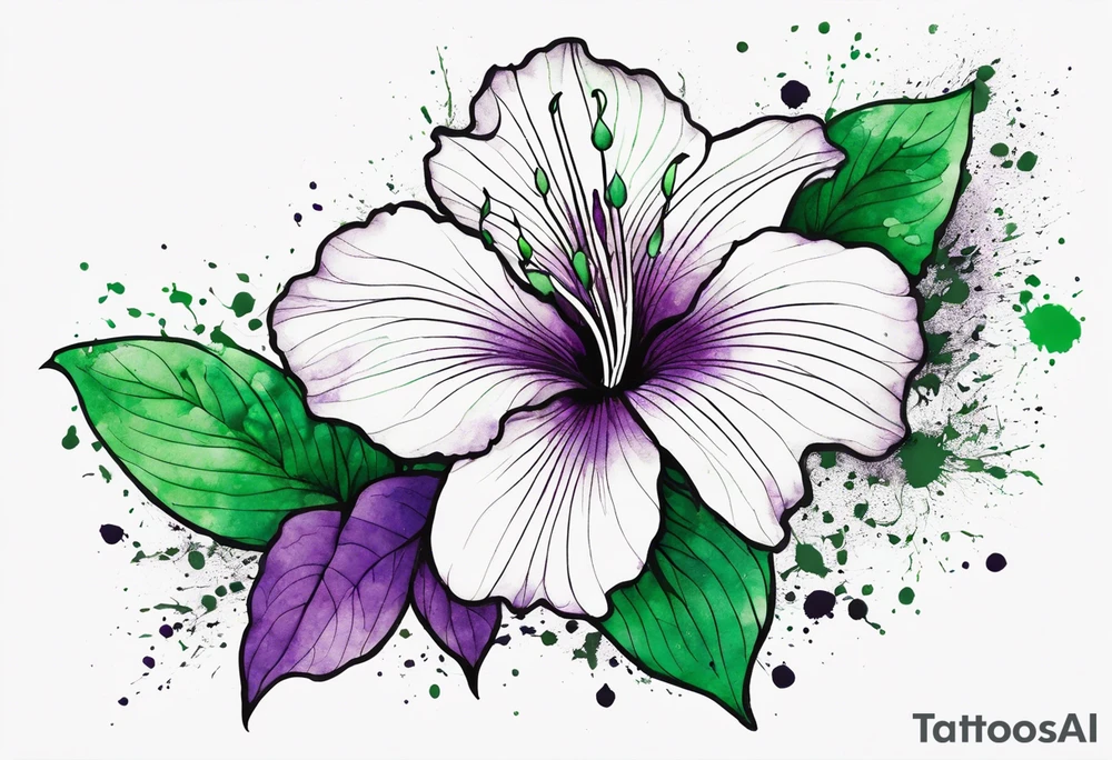 An outline of a rio dipladenia flower with a green and purple watercolor blotch splatter in the background tattoo idea