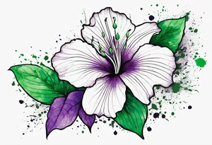 An outline of a rio dipladenia flower with a green and purple watercolor blotch splatter in the background tattoo idea